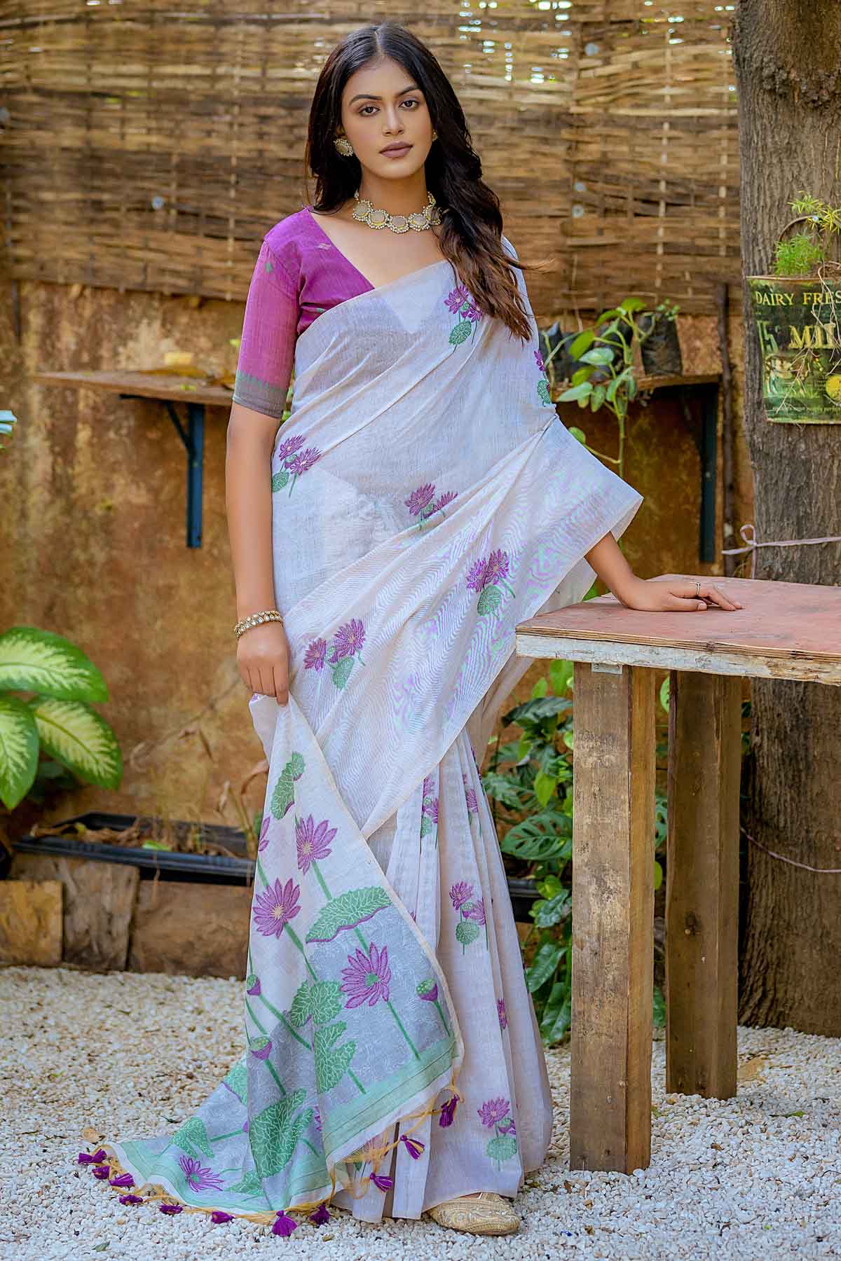 Buy Designer Wine Lotus Muga Cotton Saree Online